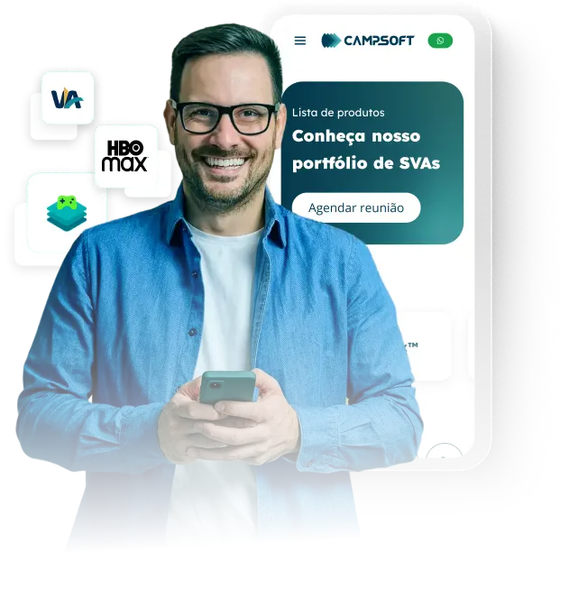 homem sorrindo, com imagem de logos svas vialivros, hbomax, e gamezone flutuando por trás dele, ao lado de um mockup de um celular mostrando o site campsoft